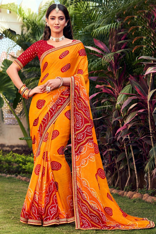 Yellow Color Bandhani Style Fashionable Chiffon Fabric Saree
