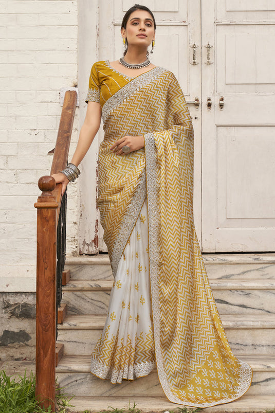 Yellow And Off White Color Organza Fabric Lace Work Function Wear Fancy Saree