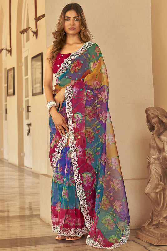 Multi Color Organza Fabric Lace Work Festive Wear Fancy Saree