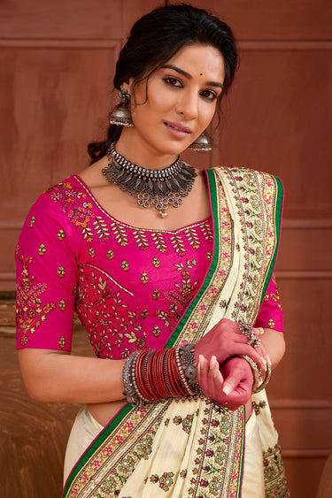Beige Color Banarasi Silk Fabric Fancy Heavy Embroidered Sangeet Wear Saree