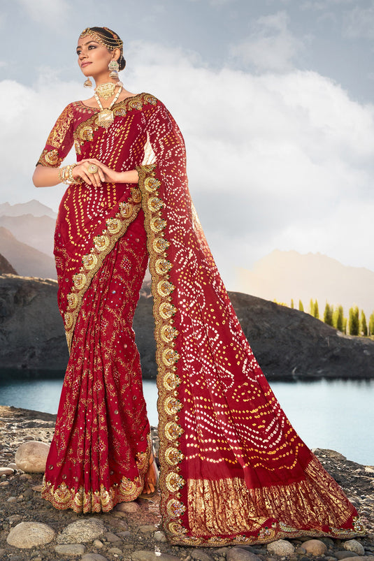 Winsome Pure Gajji Bandhani Maroon Color Satin Saree With Heavy Embroidered Silk Blouse