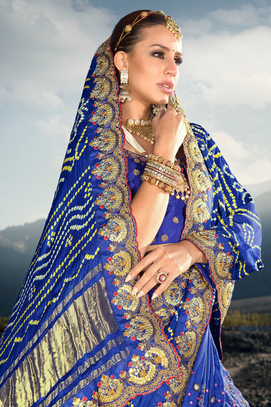 Imperial Blue Color Satin Pure Gajji Bandhani Saree With Heavy Embroidered Silk Blouse