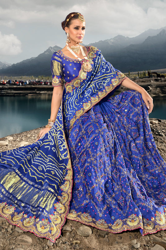 Imperial Blue Color Satin Pure Gajji Bandhani Saree With Heavy Embroidered Silk Blouse