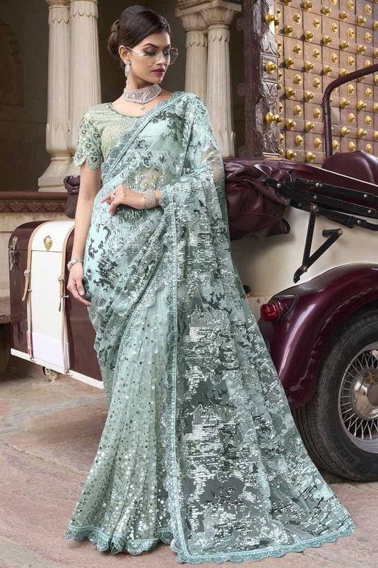 Engaging Sea Green Color Sequins Work Net Fabric Saree