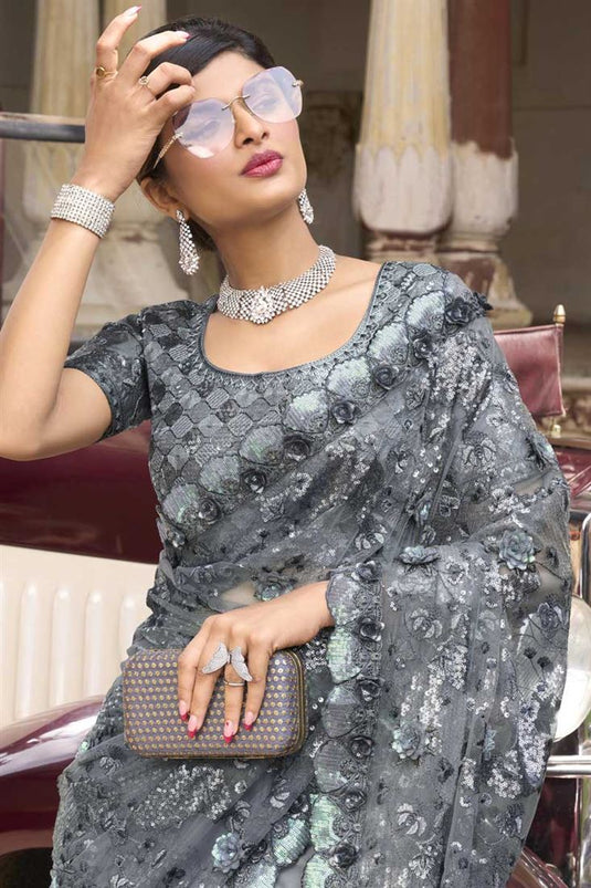 Enriching Grey Color Sequins Work On Net Fabric Saree