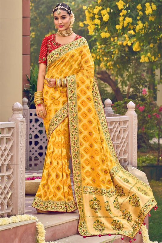 Georgette Fabric Wedding Wear Gorgeous Saree In Yellow Color