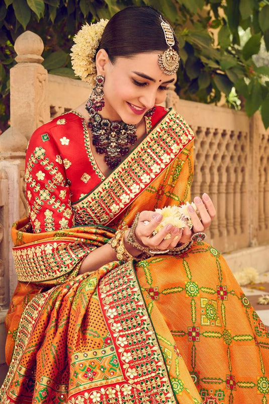 Mustard Color Patola Silk Fabric Wedding Wear Imposing Saree