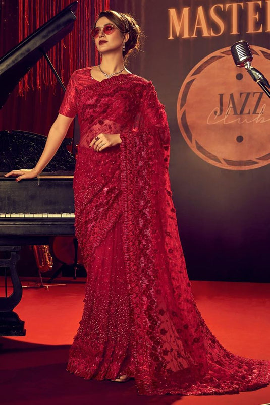 Red Color Party Style Incredible Net Fabric Saree