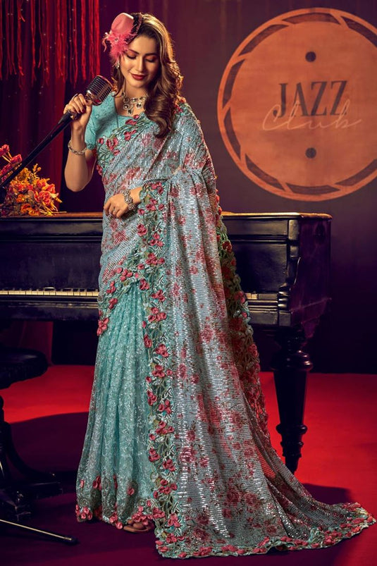 Lycra Fabric Party Style Sea Green Color Phenomenal Saree