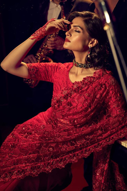 Net Fabric Party Style Wondrous Saree In Red Color