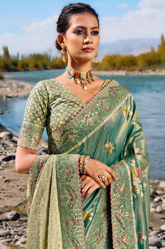Sea Green Color Weaving Work Silk Fabric Wedding Wear Saree