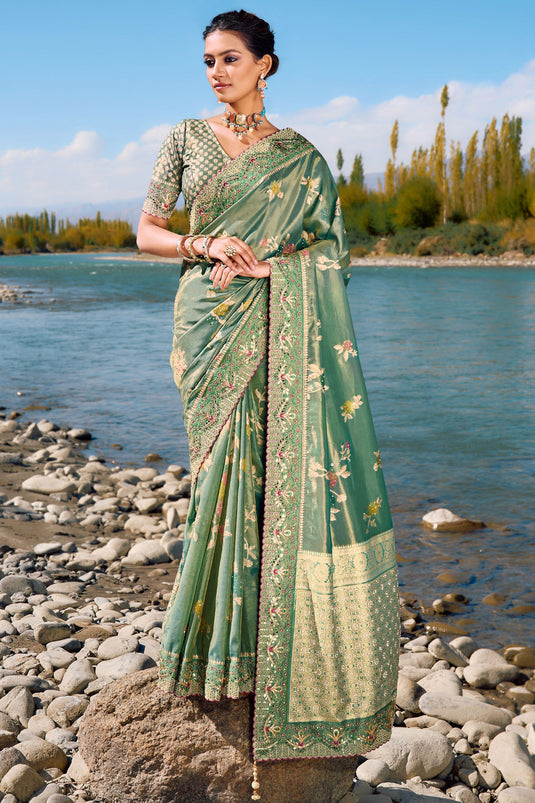 Sea Green Color Weaving Work Silk Fabric Wedding Wear Saree