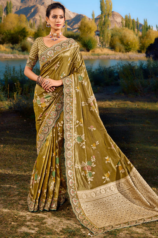 Weaving Work Silk Fabric Wedding Wear Saree In Green Color
