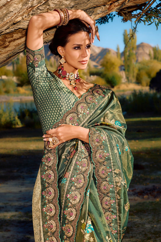 Green Color Weaving Work Wedding Wear Silk Fabric Saree