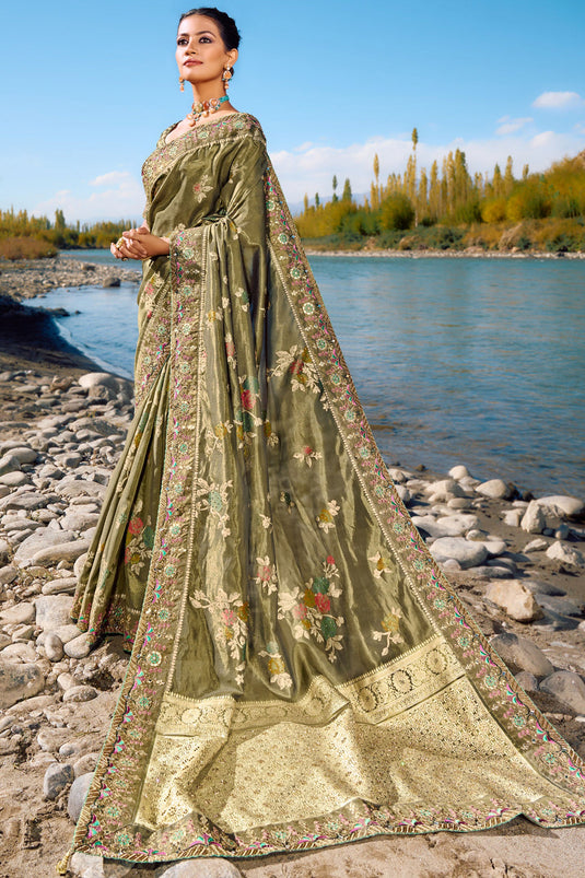 Wedding Wear Silk Fabric Weaving Work Saree In Olive Color