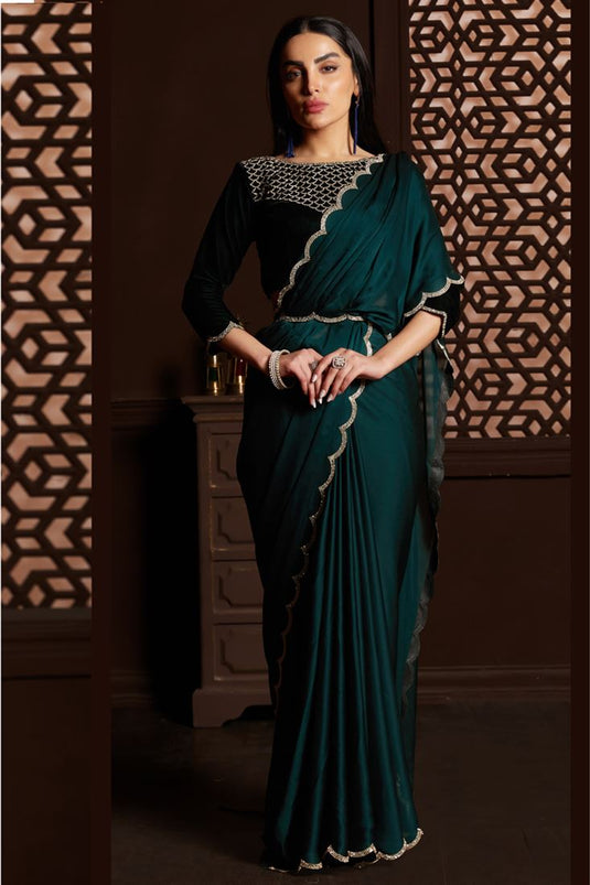 Charming Fancy Work Teal Color Chiffon Fabric Saree