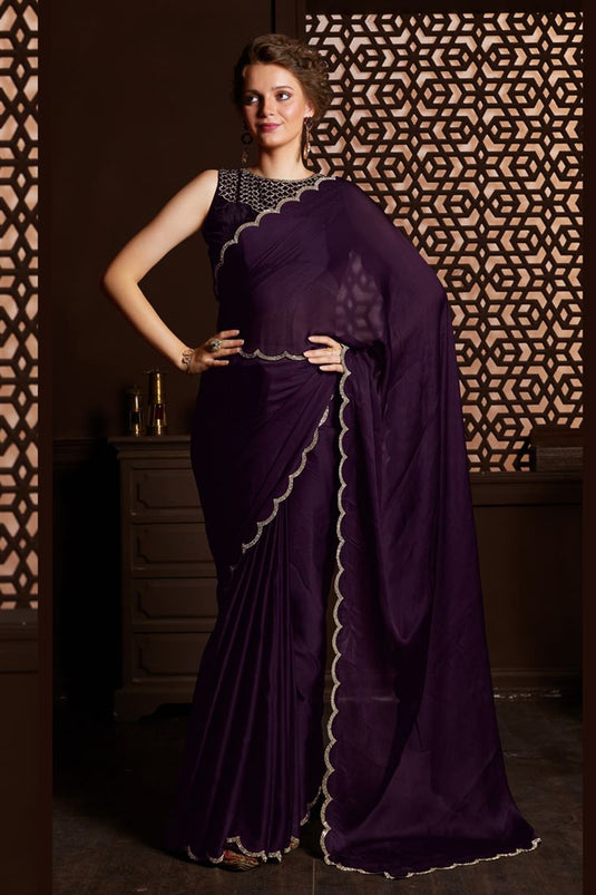 Purple Color Engaging Fancy Work Chiffon Fabric Saree