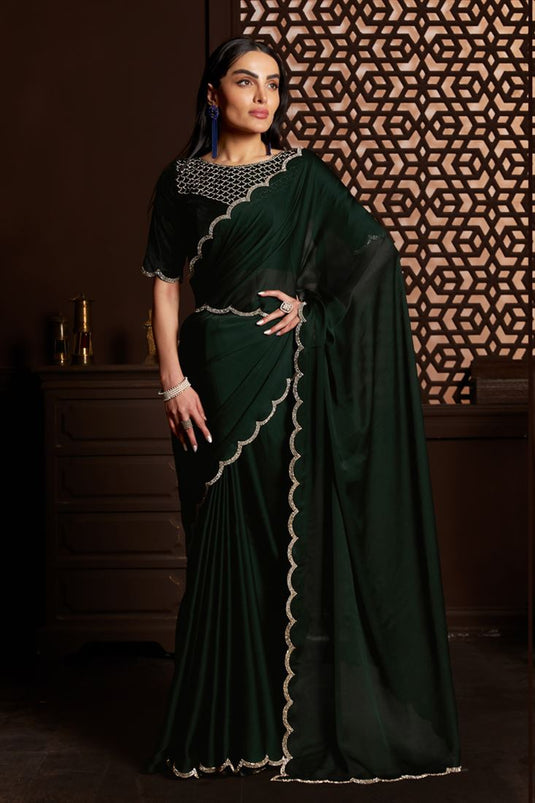 Gorgeous Fancy Work Chiffon Fabric Dark Green Color Saree