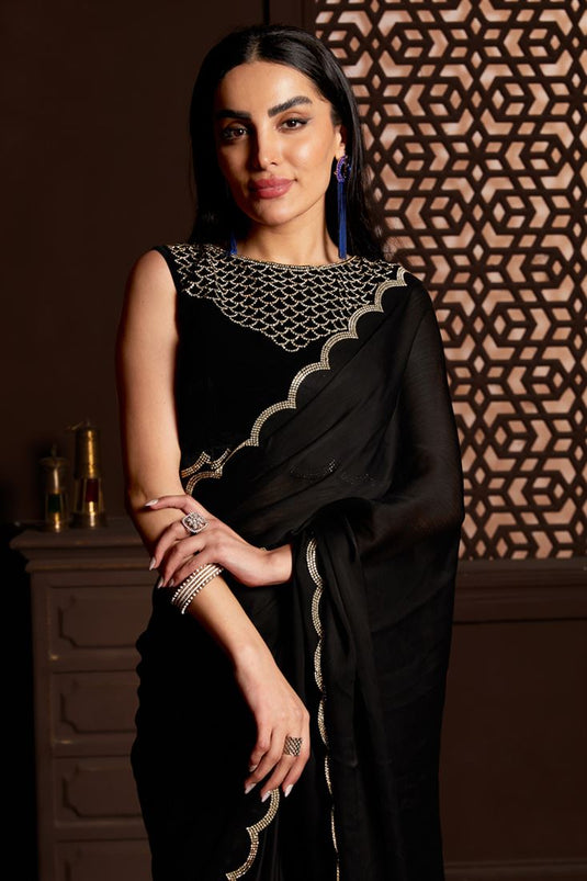 Chiffon Fabric Black Color Saree With Soothing Fancy Work