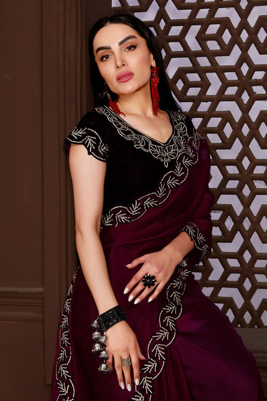 Chiffon Fabric Maroon Color Saree With Vintage Lace Border Work