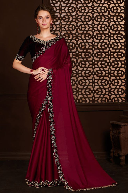 Chiffon Fabric Red Color Saree With Excellent Lace Border Work