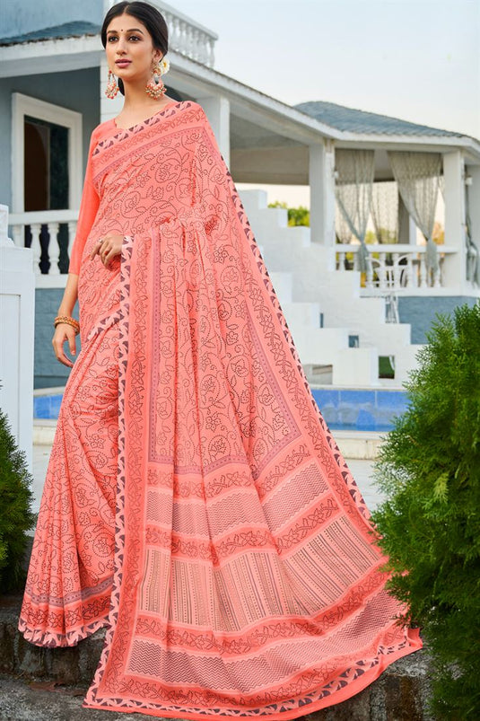 Elegant Georgette Fabric Casual Saree In Peach Color
