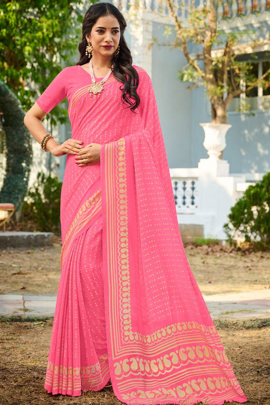 Pink Color Ingenious Georgette Fabric Casual Saree