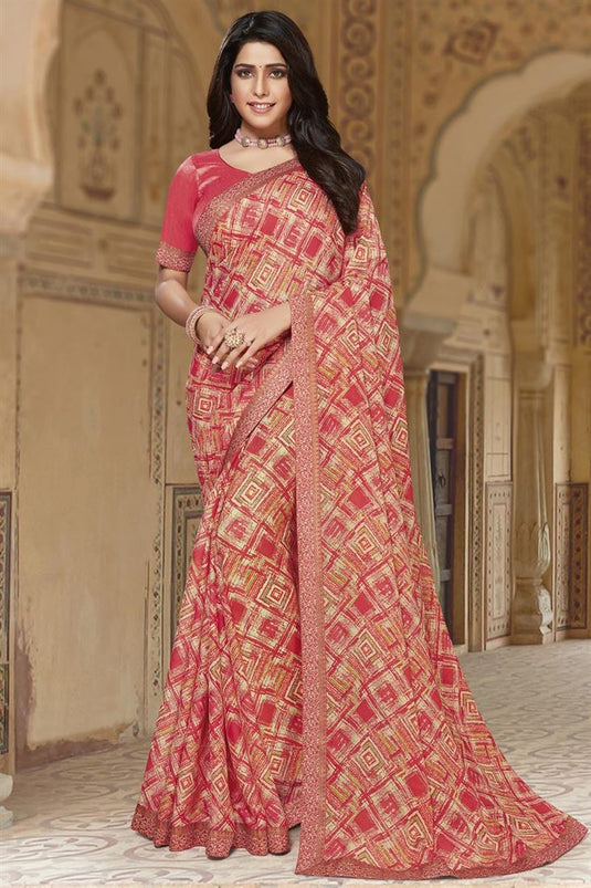 Glittering Red Color Georgette Floral Printed Saree