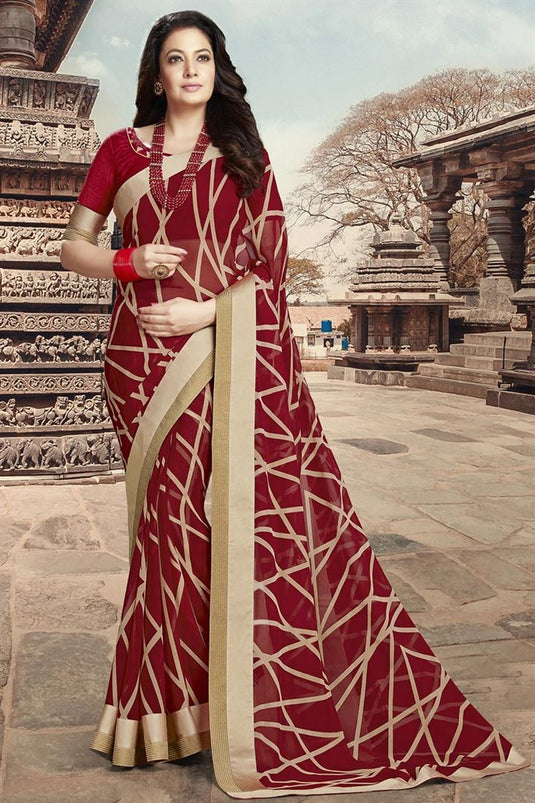 Red Color Bright Georgette Floral Printed Casual Saree