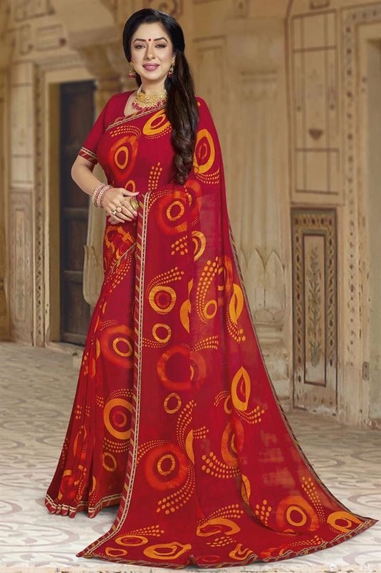 Rupali Ganguly Red Color Ingenious Georgette Floral Printed Saree