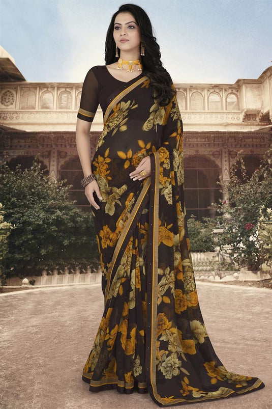 Fancy Georgette Floral Printed Saree In Brown Color