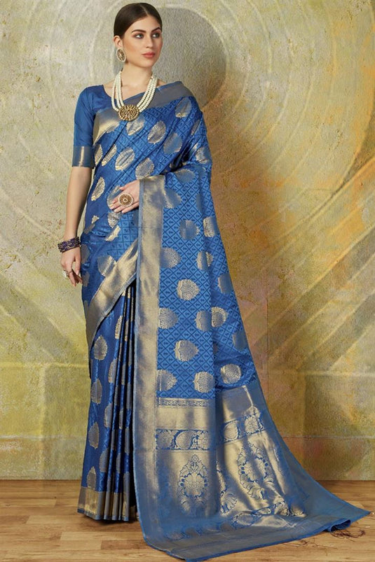 Blue Color Banarasi Style Traditional Art Silk Saree With Weaving Work
