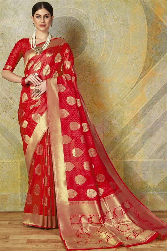 Banarasi Style Red Color Art Silk Designer Saree With Weaving Work