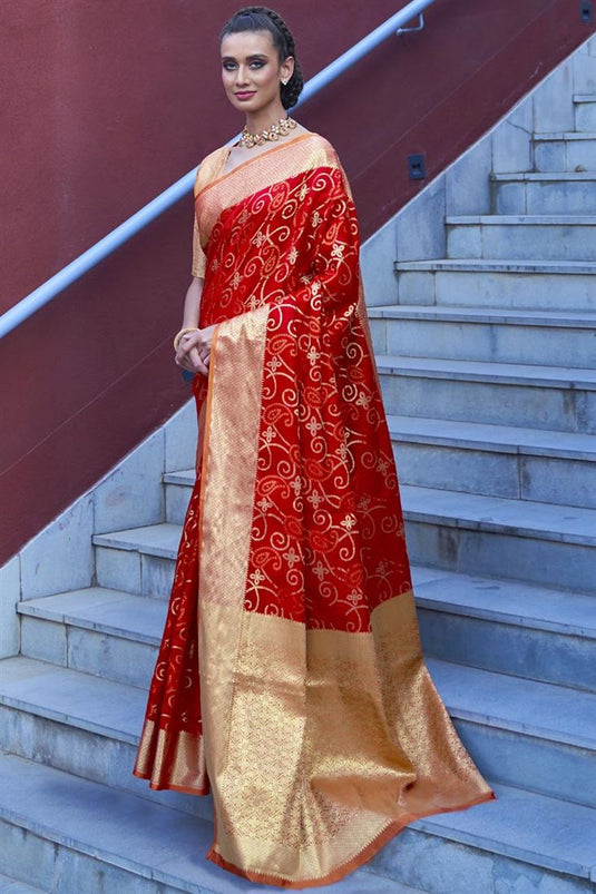 Patola Art Silk Fabric Puja Wear Trendy Red Color Weaving Work Saree
