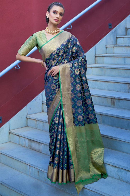 Puja Wear Navy Blue Trendy Patola Art Silk Weaving Work Saree