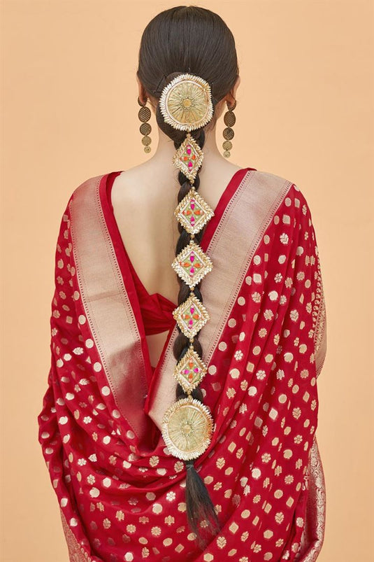 Red Color Weaving Work Art Silk Fabric Sangeet Wear Saree