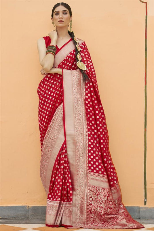 Red Color Weaving Work Art Silk Fabric Sangeet Wear Saree