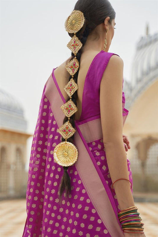 Art Silk Fabric Wedding Wear Magenta Color Fancy Weaving Work Saree
