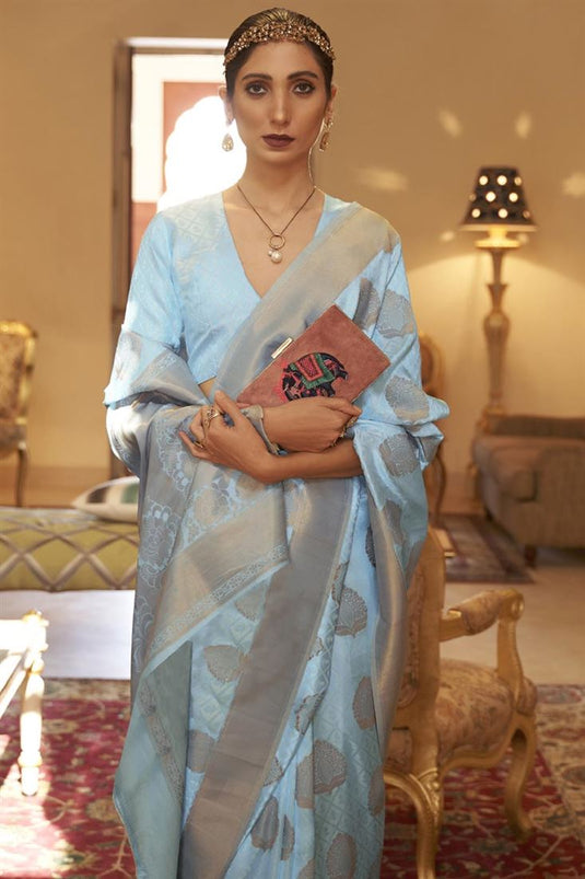 Light Cyan Color Banarasi Style Festival Wear Art Silk Saree With Weaving Work
