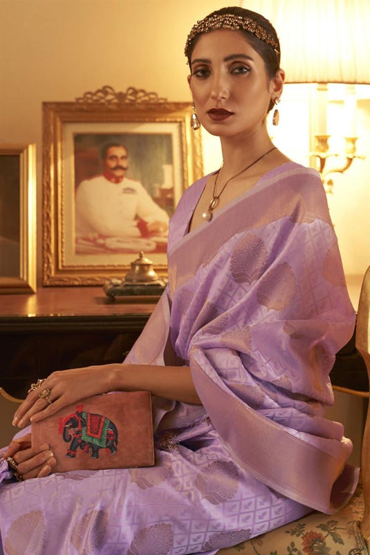 Banarasi Style Weaving Work On Festive Wear Art Silk Saree In Lavender Color