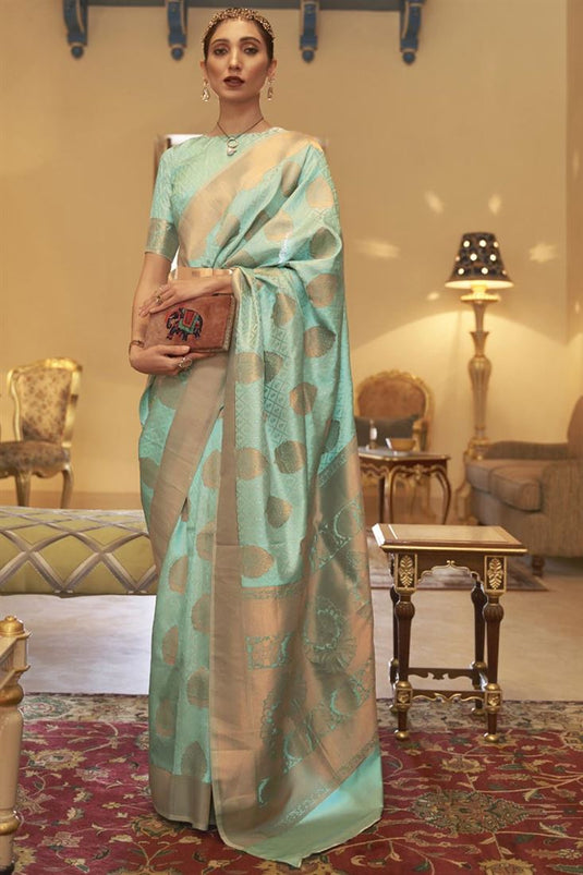 Sea Green Color Weaving Work On Banarasi Style Art Silk Festival Wear Saree