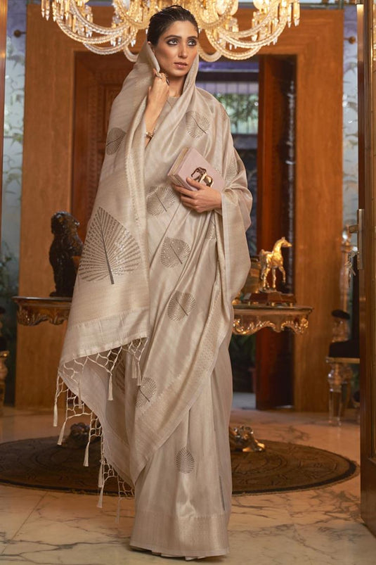 Art Silk Fabric Weaving Work Festival Wear Bright Saree In Cream Color