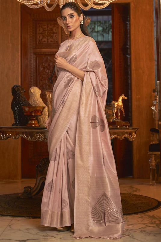Peach Color Festival Wear Weaving Work Art Silk Fabric Festival Wear Attractive Saree