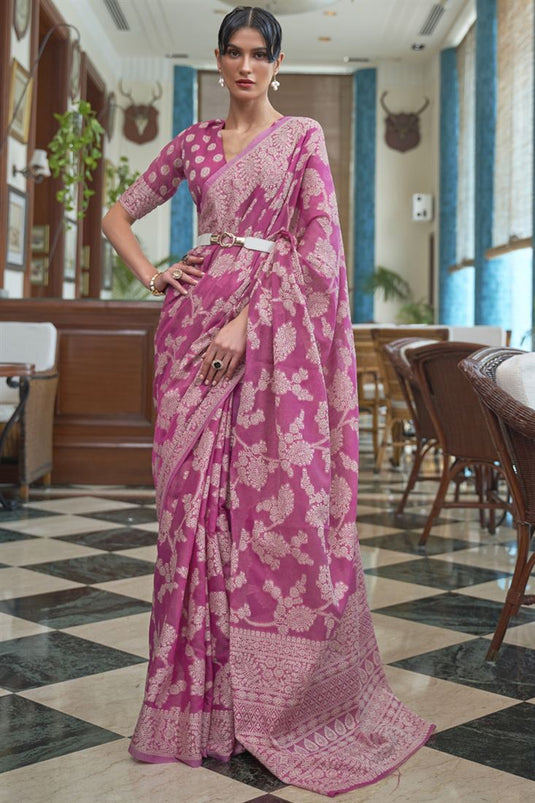 Cotton Fabric Party Wear Pink Color Saree With Fancy Work