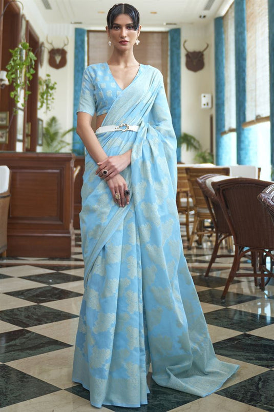 Sky Blue Color Cotton Fabric Party Wear Beautiful Saree With Fancy Work