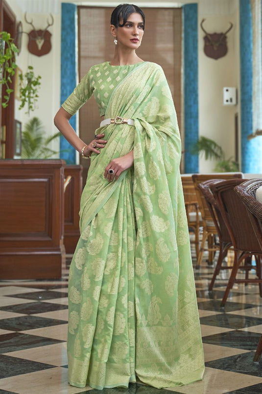 Cotton Fabric Sea Green Color Classic Party Wear Saree With Fancy Work