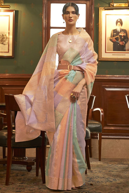 Excellent Organza Fabric Multi Color Designer Saree With Weaving Work