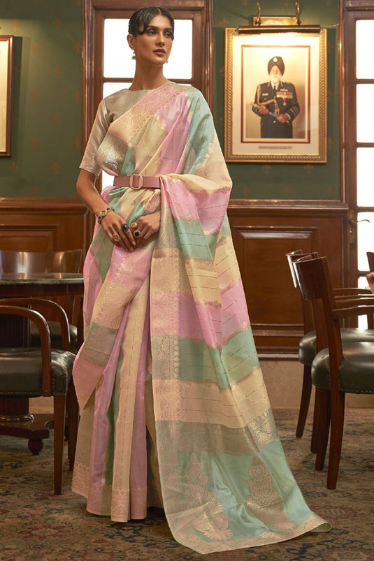 Weaving Work On Multi Color Organza Fabric Party Wear Saree