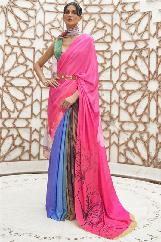 Digital Printed Crepe Silk Fabric Casual Wear Saree In Multi Color