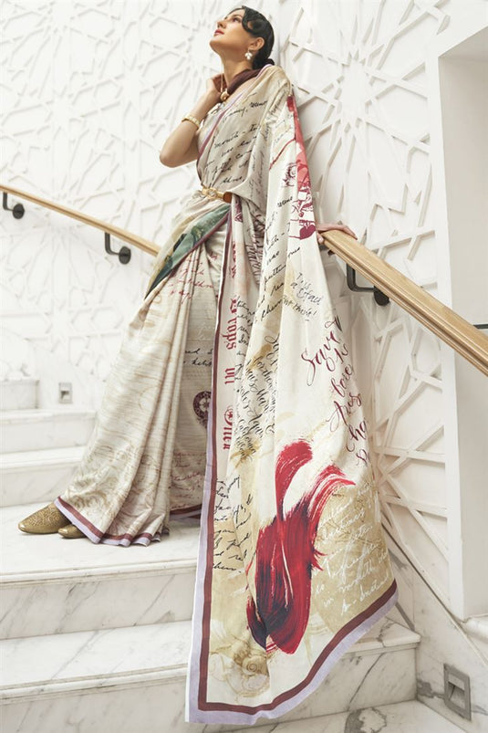 Daily Wear Digital Printed Beige Color Saree In Crepe Silk Fabric